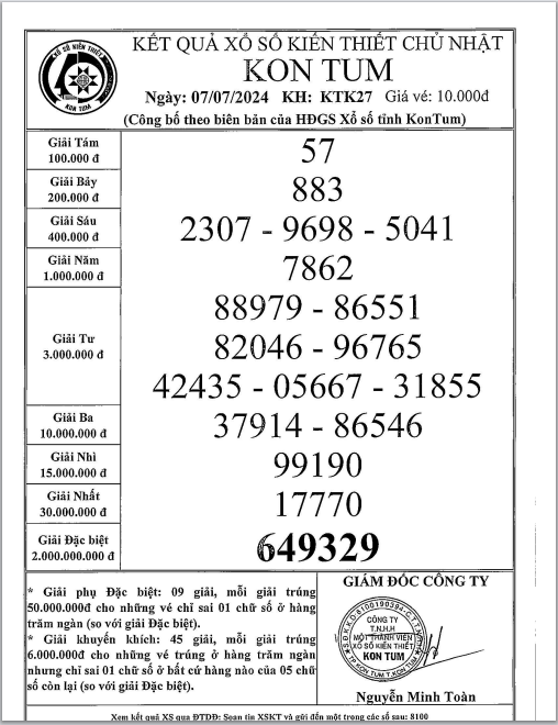 Biên bản kết quả xổ số Kon Tum hôm nay 07/07/2024