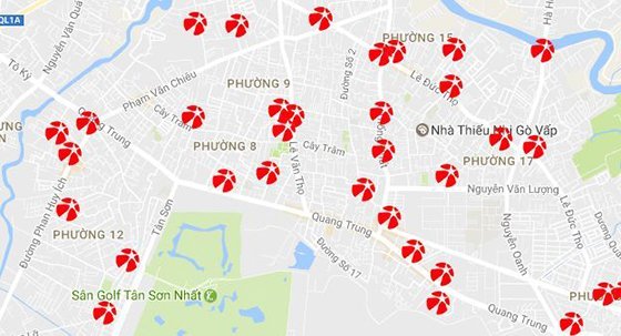 Một phần bản đồ quận 11 thành phố Hồ Chí Minh có đánh dấu điểm bán xổ số Vietlott