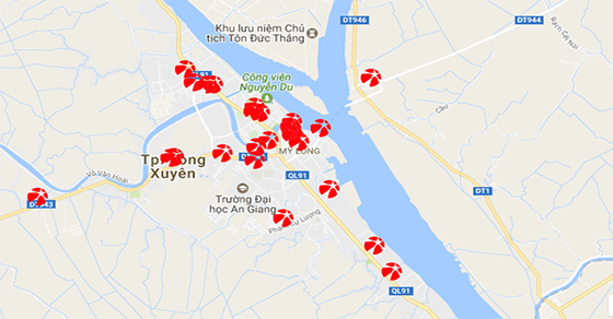 Điểm bán vé số được đánh dấu trên bản đồ​ tại tỉnh An Giang