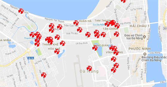 Điểm bán vé số tại quận Thanh Khê được đánh dấu đỏ trên bản đồ​