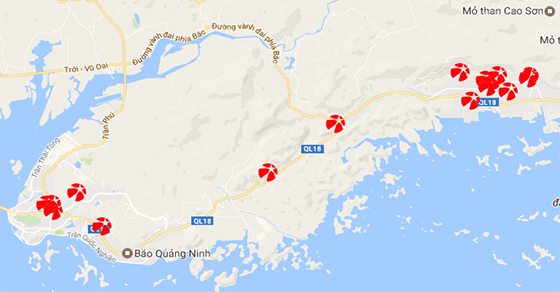 Điểm bán vé số tại Quảng Ninh được đánh dấu đỏ trên bản đồ​